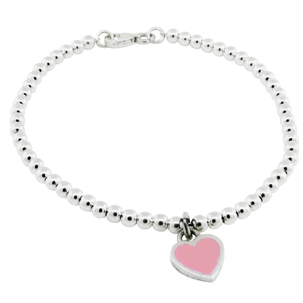 Pulsera de bolitas 3 mm con corazon esmalte rosa