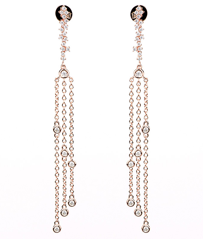 Par aros, colgantes, piedras blancas, cadenitas, rosado