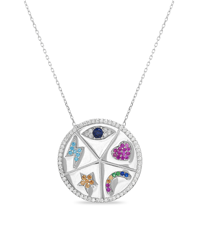 Conjunto medalla, simbolos, piedras de colores 