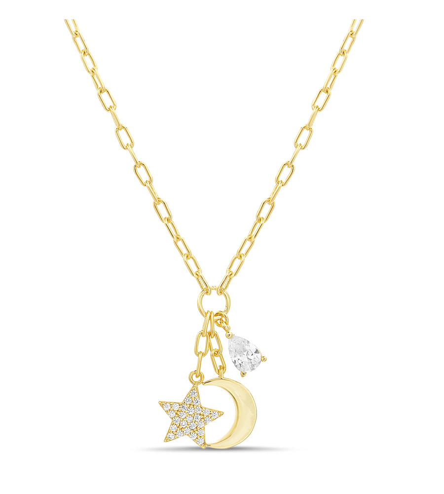 Conjunto tres dijes colgantes, estrella pavee, luna y piedra