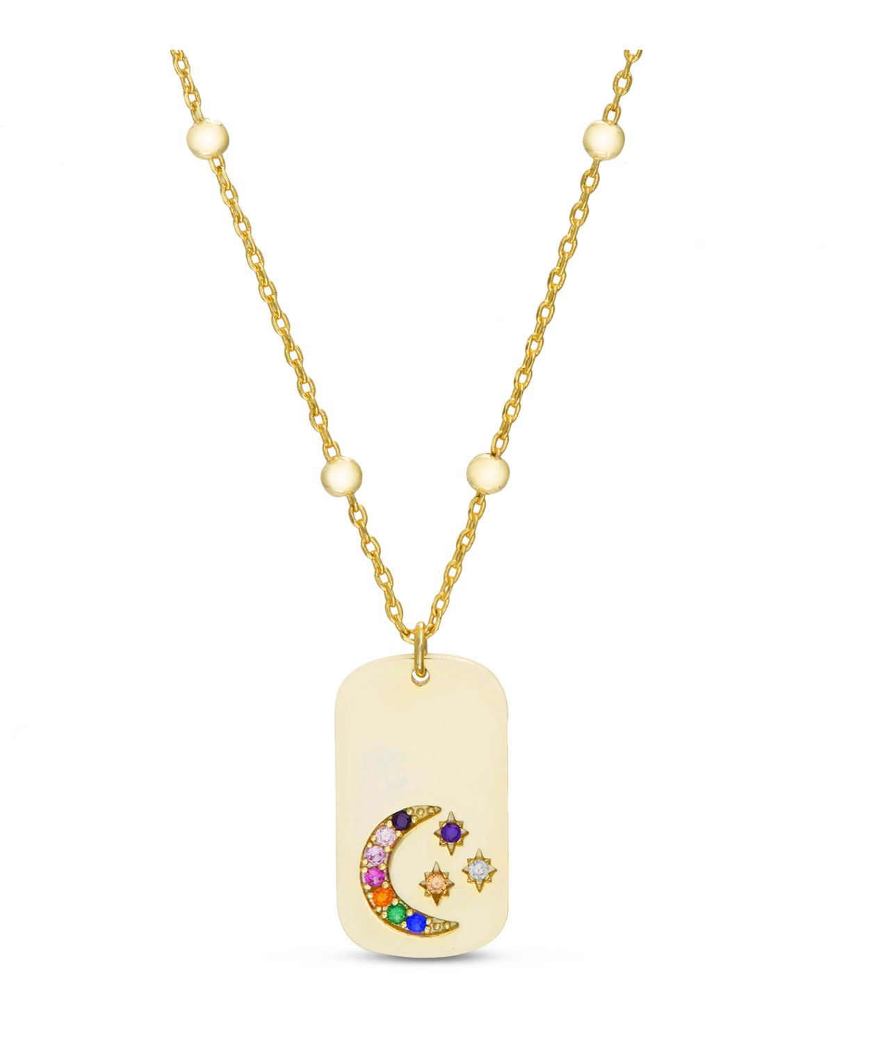 Conjunto medalla piedras mulicolor, cadena con bolitas. Amarillo