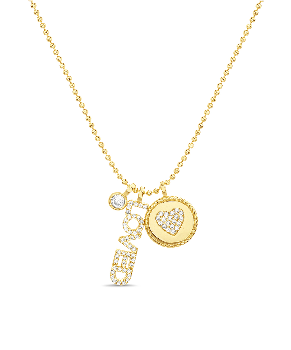 Conjunto cadena bolitas, piedra con virola, loved, medalla con corazon pavee, amarillo