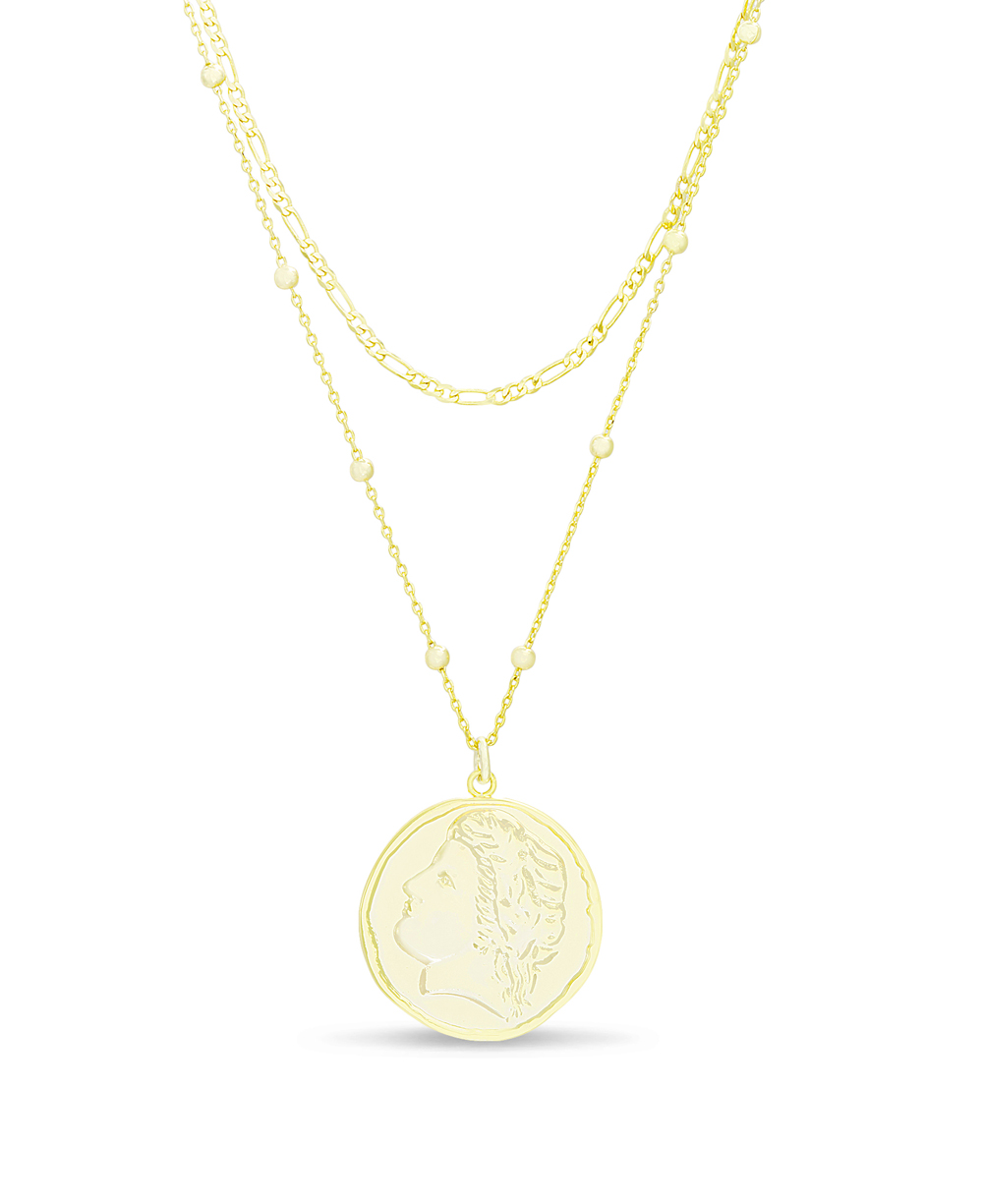 Conjunto doble cadena, bolitas, medalla, amarillo