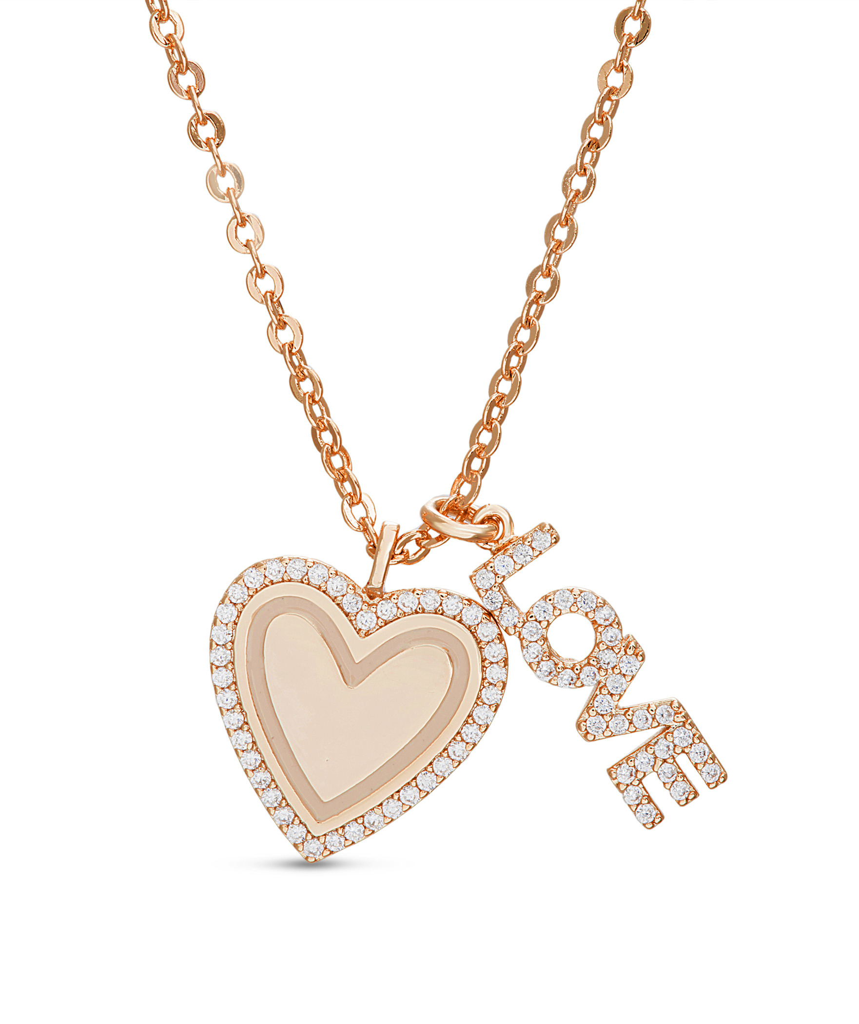 Conjunto corazon virola de piedras, love, rosado