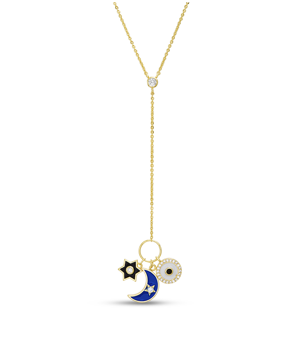Corbatero amarillo, arandela con dijes estrella, luna y ojito