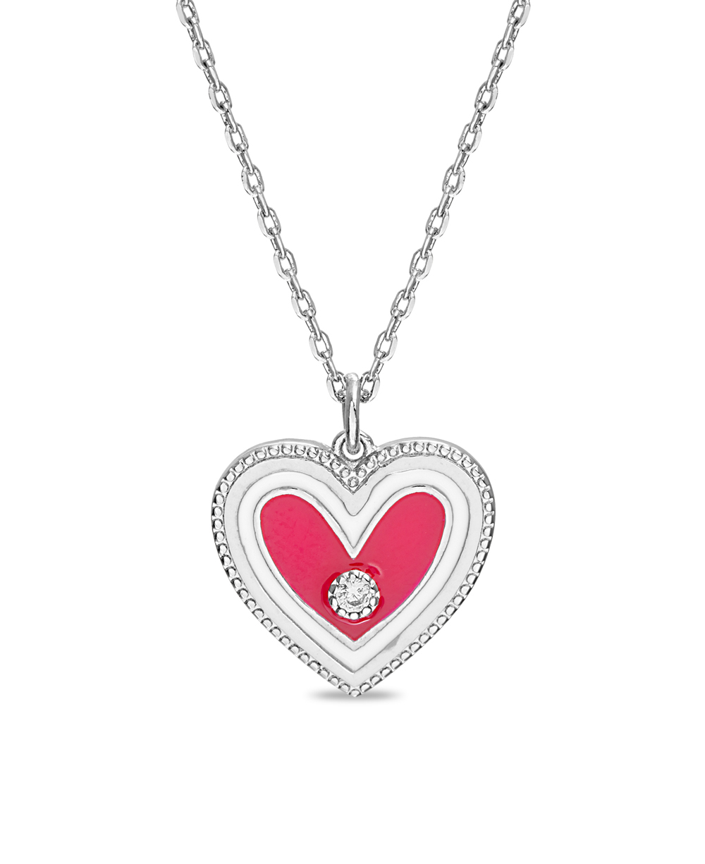 Conjunto corazon, esmalte blanco y rosado, piedras blancas