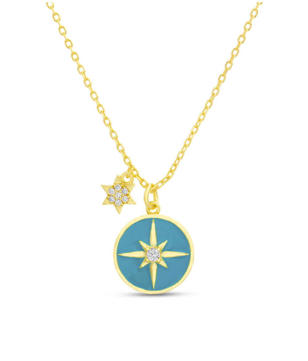Conjunto medallita esmalte turquesa, estrellas, piedras, amarillo