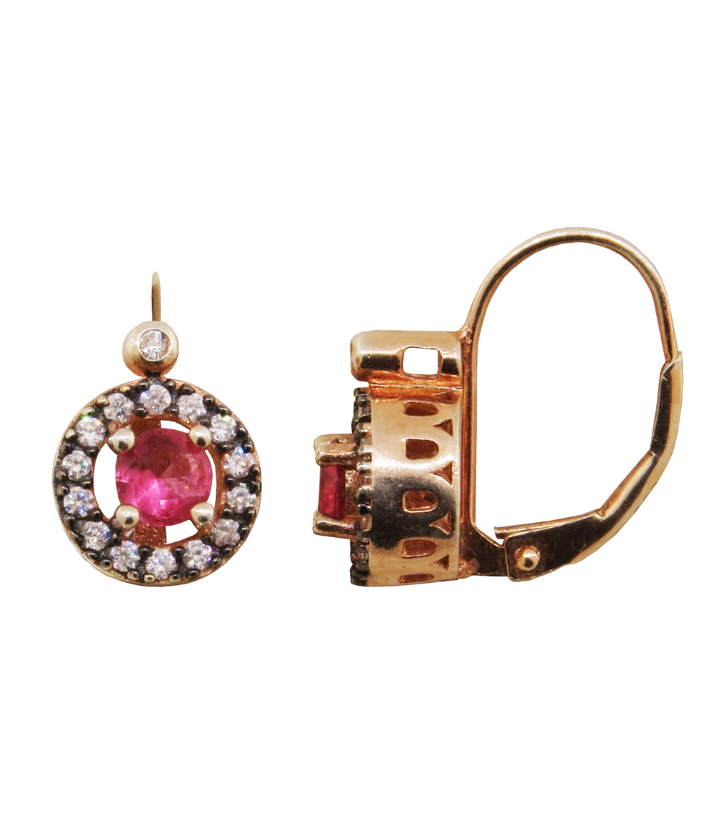 Par aros redondos , piedra rosada, rodio negro, virola piedras blancas, rosado, cierre brisura