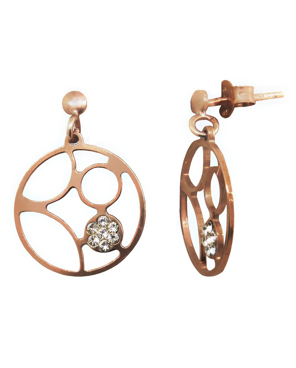 Par aros redondos, calados, con piedras blancas, rosados