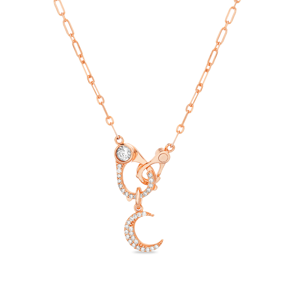 Conjunto doble mosqueton rosado, con lunita, piedras blancas