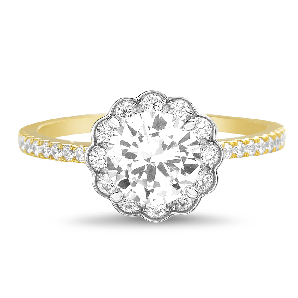 Anillo flor piedras blancas, cuerpo amarillo