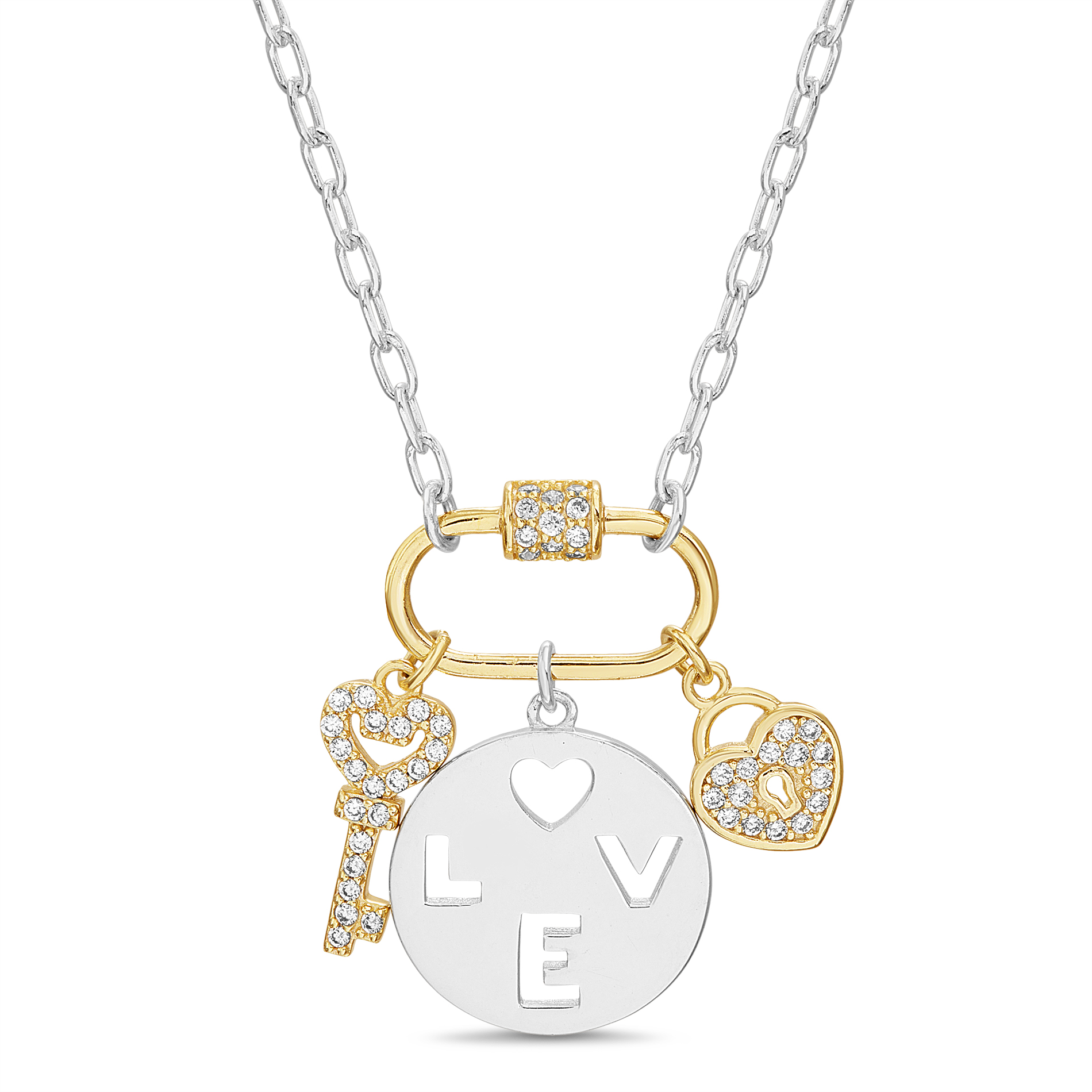 Conjunto medalla love con dijes llave y corazon amarillos con piedra