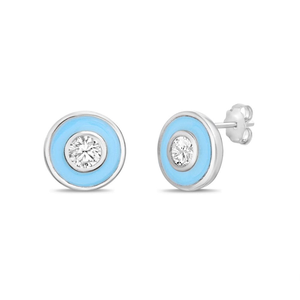 Par aros ojito , piedra y esmalte celeste