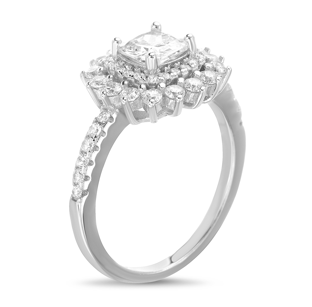 Anillo rombo, piedra blanca grande central y piedras alrededor