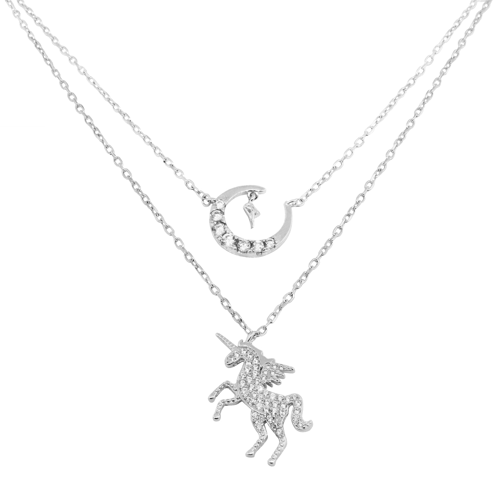 Conjunto doble cadenita, unicornio, luna, piedras blancas