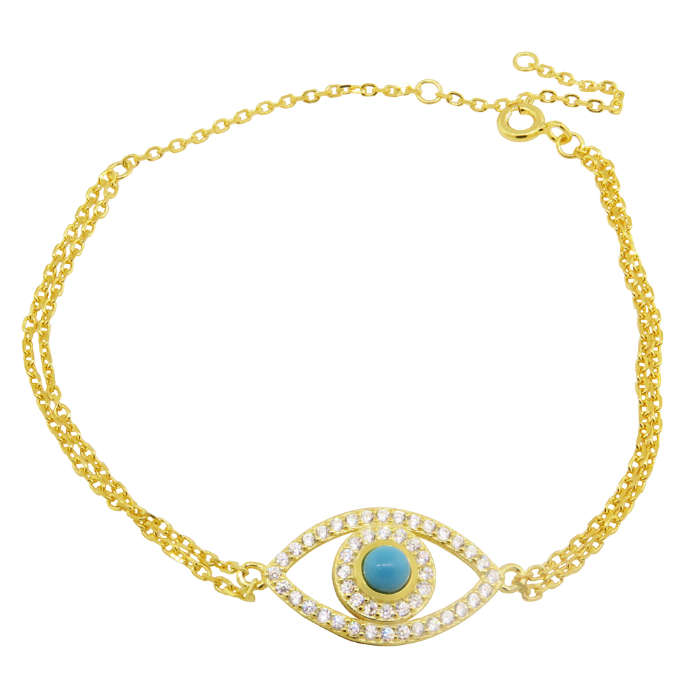 Pulsera doble cadenita amarilla, con ojo, turquesa, piedras blancas