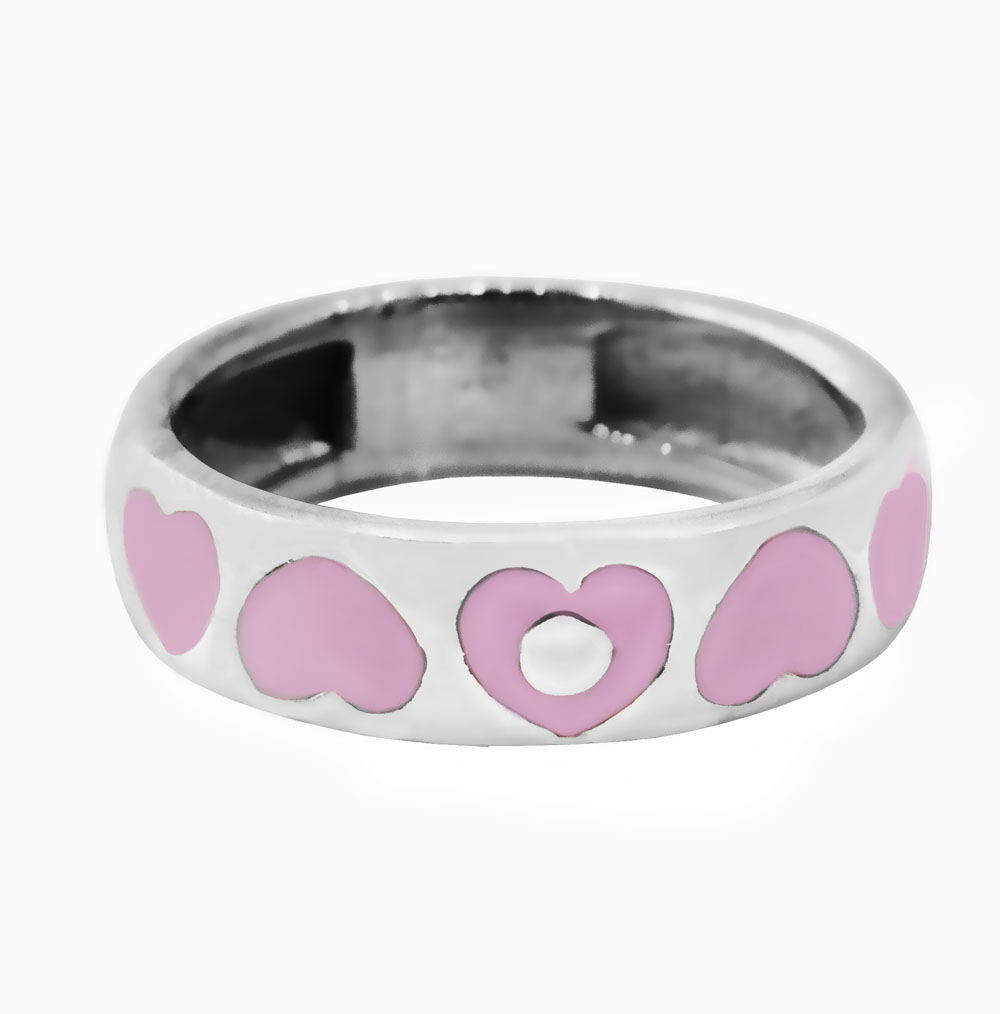 Anillo cinta corazones hundidos, esmaltado rosa, platabella