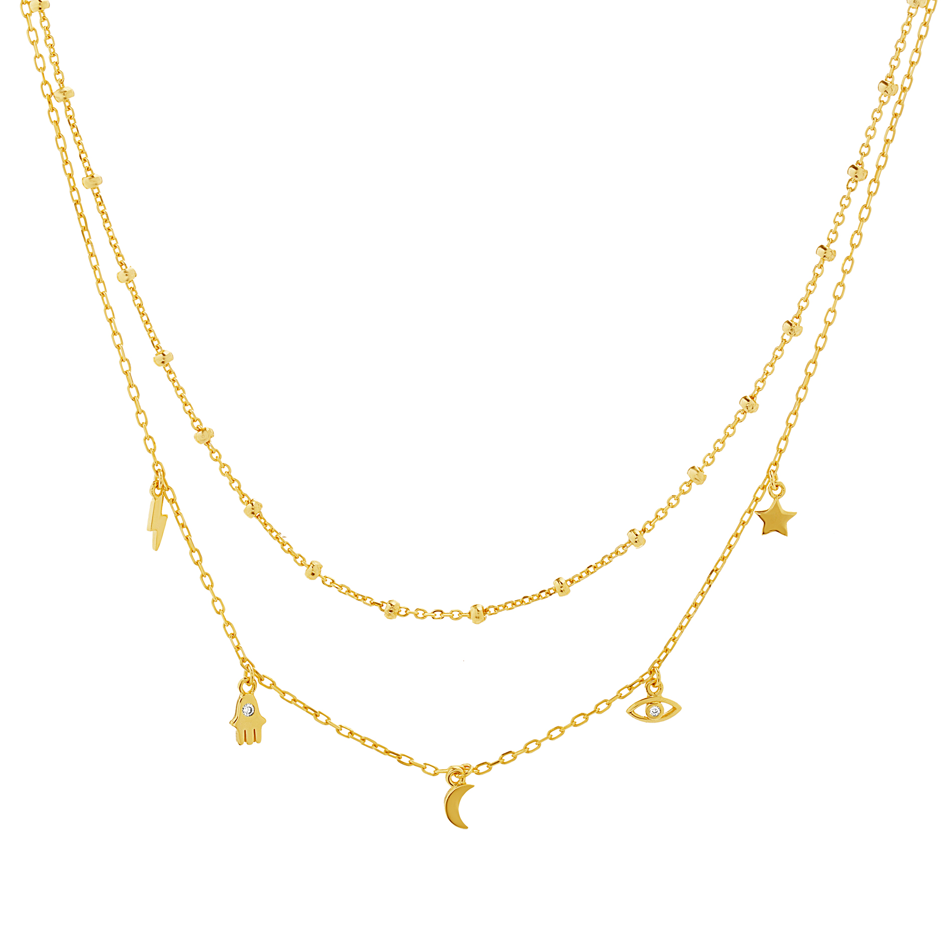 Conjunto doble amarillo, cadena con bolitas y cadena con dijes rayo, luna, estrella y ojito y manito con piedras
