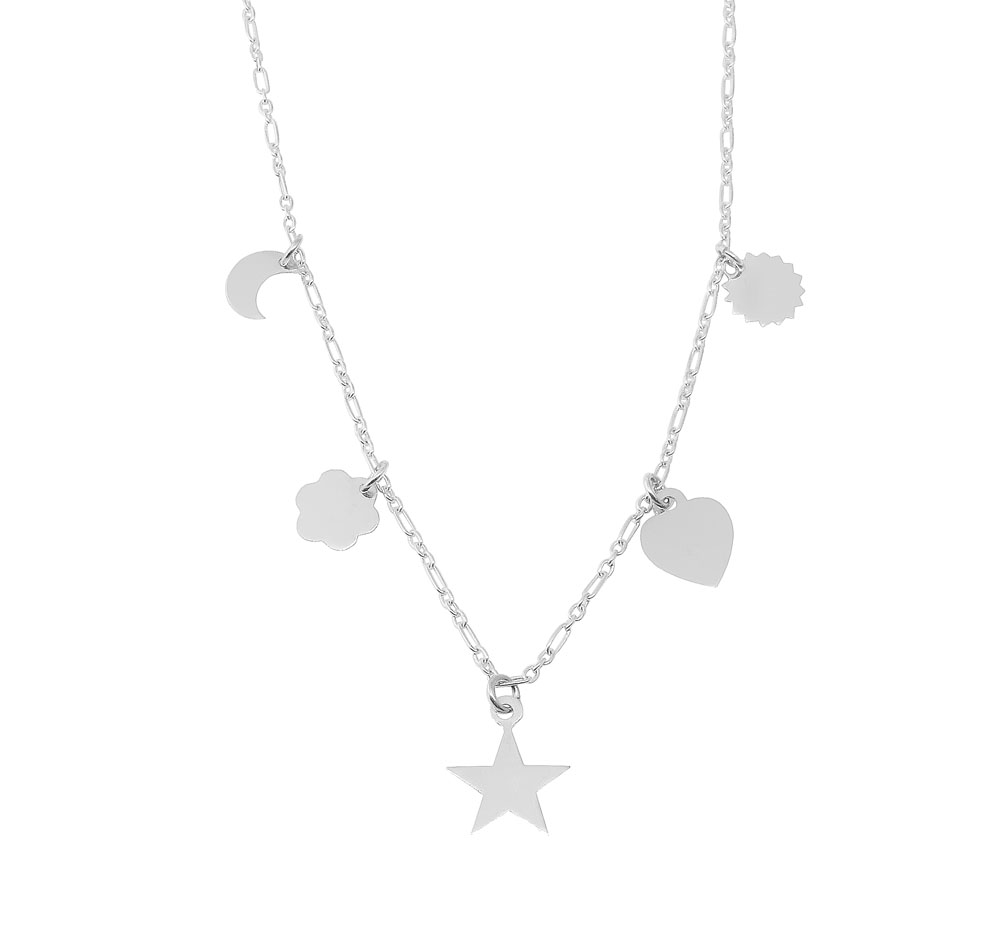 Conjunto luna, flor, estrella, corazon, sol, sin piedras. con extencion de 5 cm