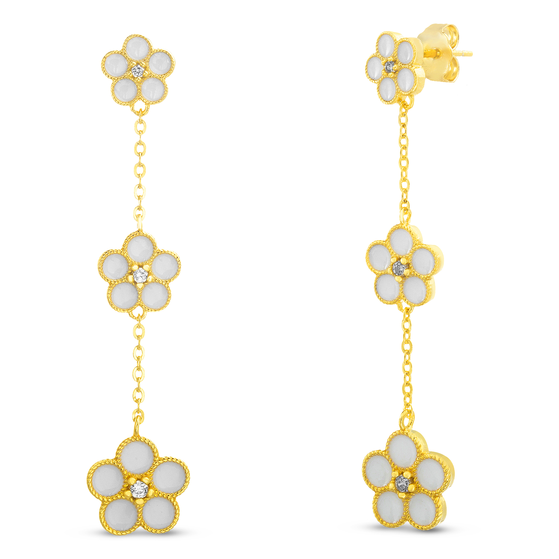 Par aros colgantes, triple flor, amarillo, esmalte blanco 