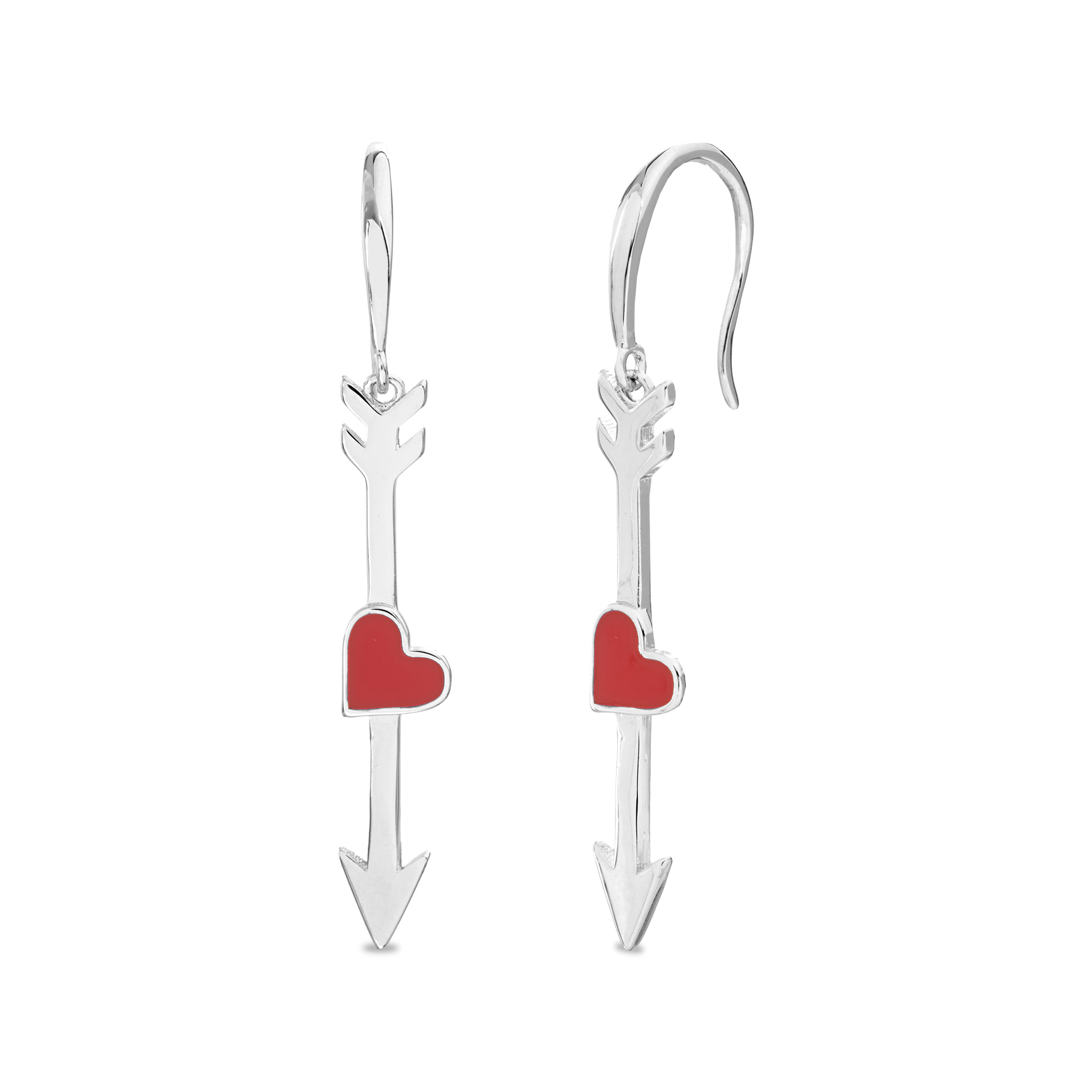 Par aros flecha colgantes, corazon esmalte rojo