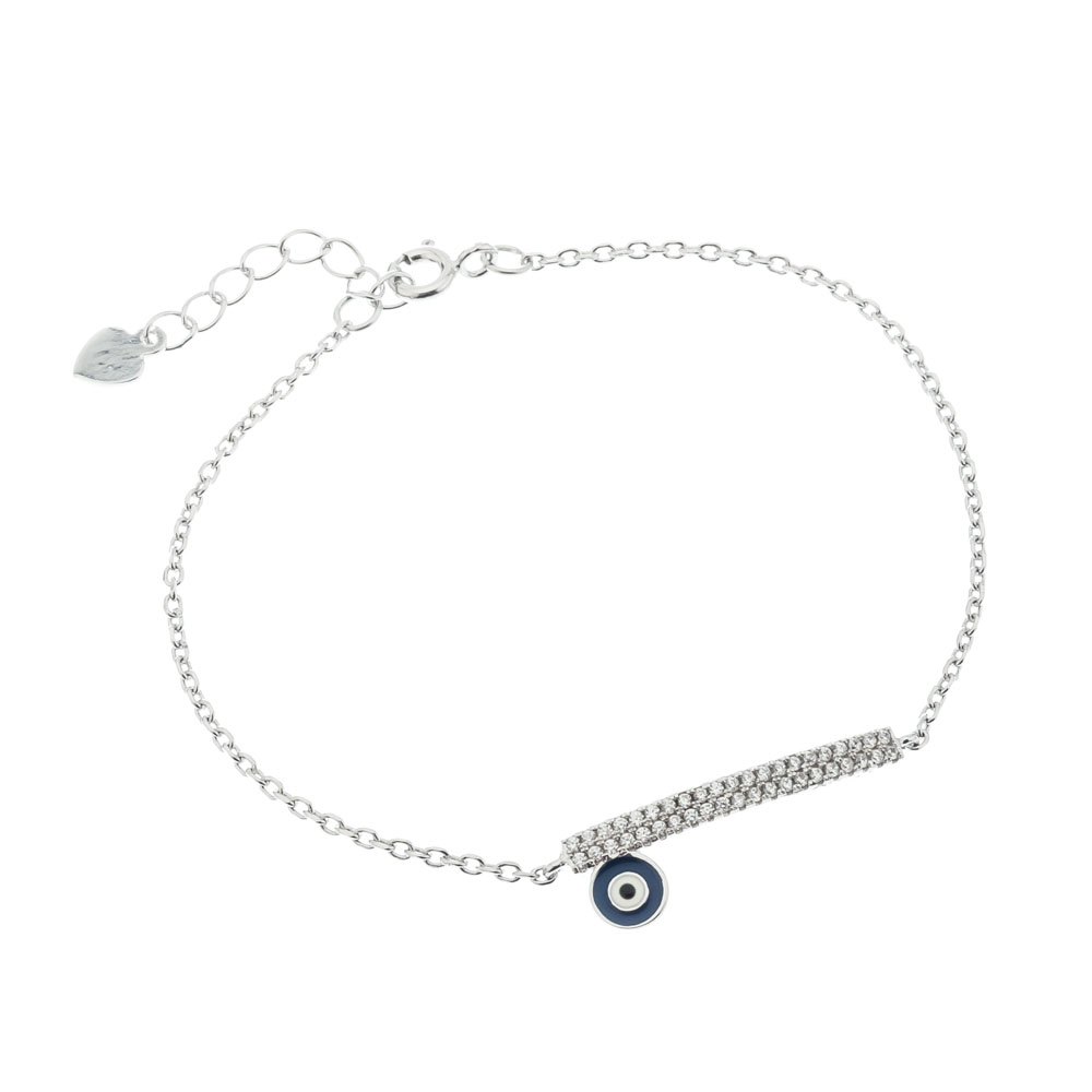 Pulsera barrita de piedras blancas y ojito esmaltado