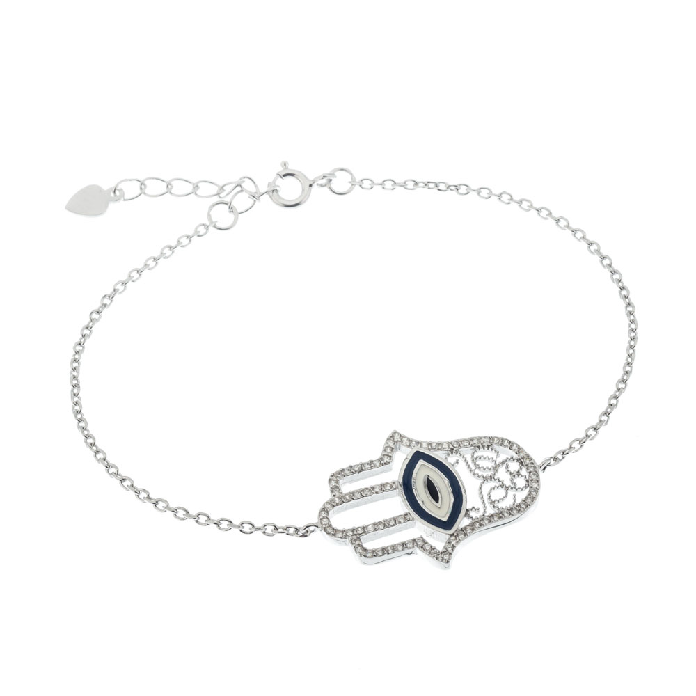 Pulsera manito calada, piedras blancas, esmalte azul