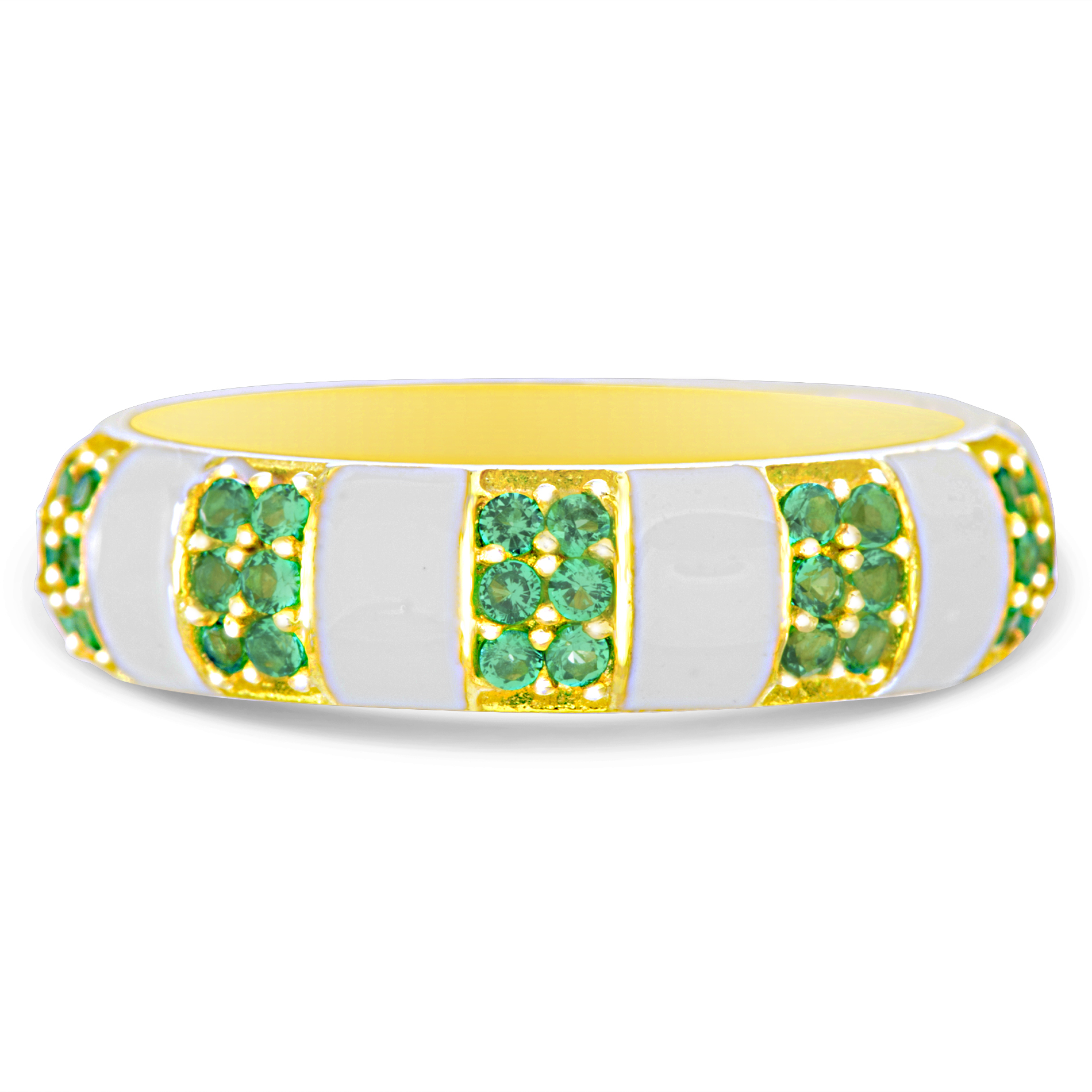 Anillo amarillo, sin fin, esmalte blanco y piedras verdes