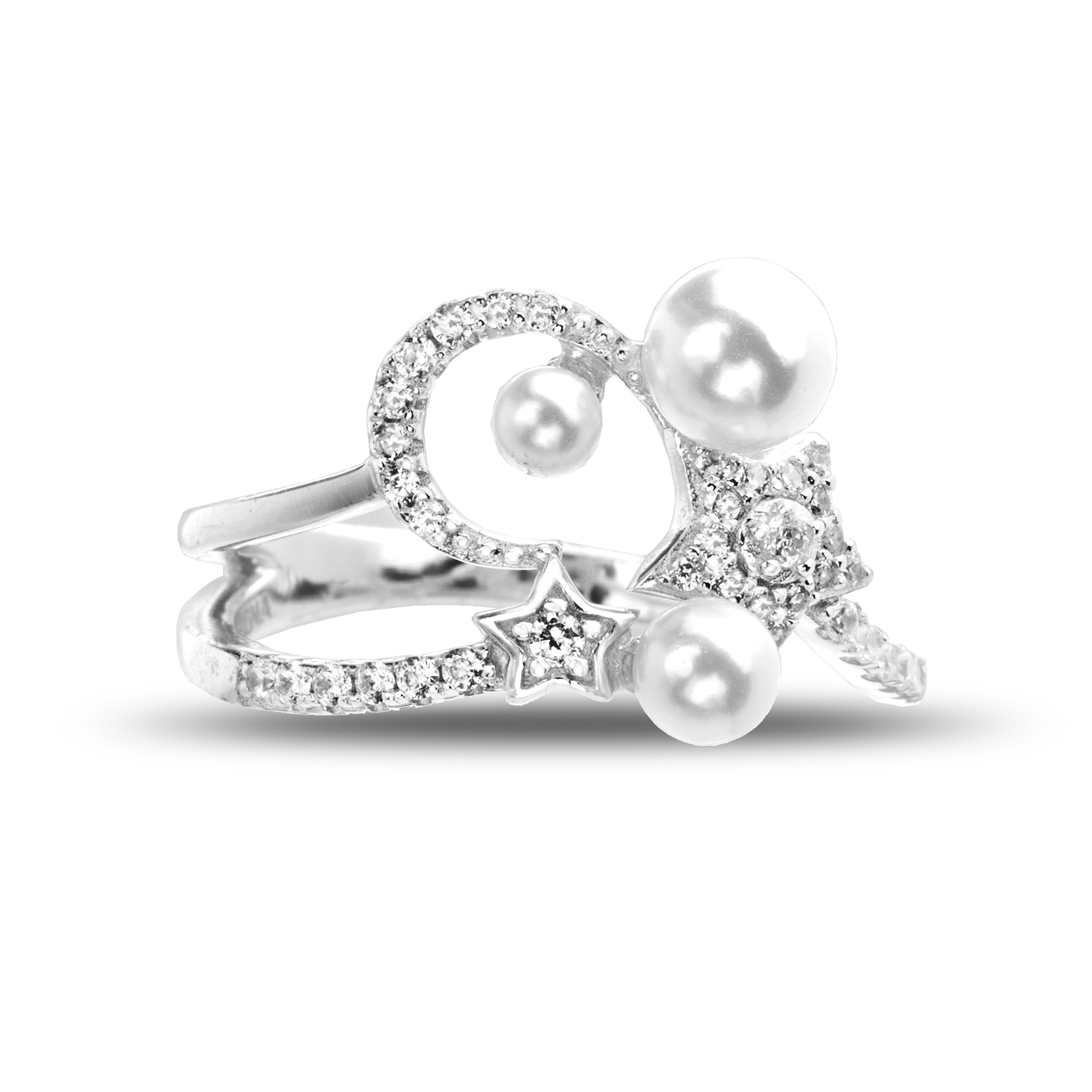 Anillo blanco, perlas, luna, estrella, piedras blancas