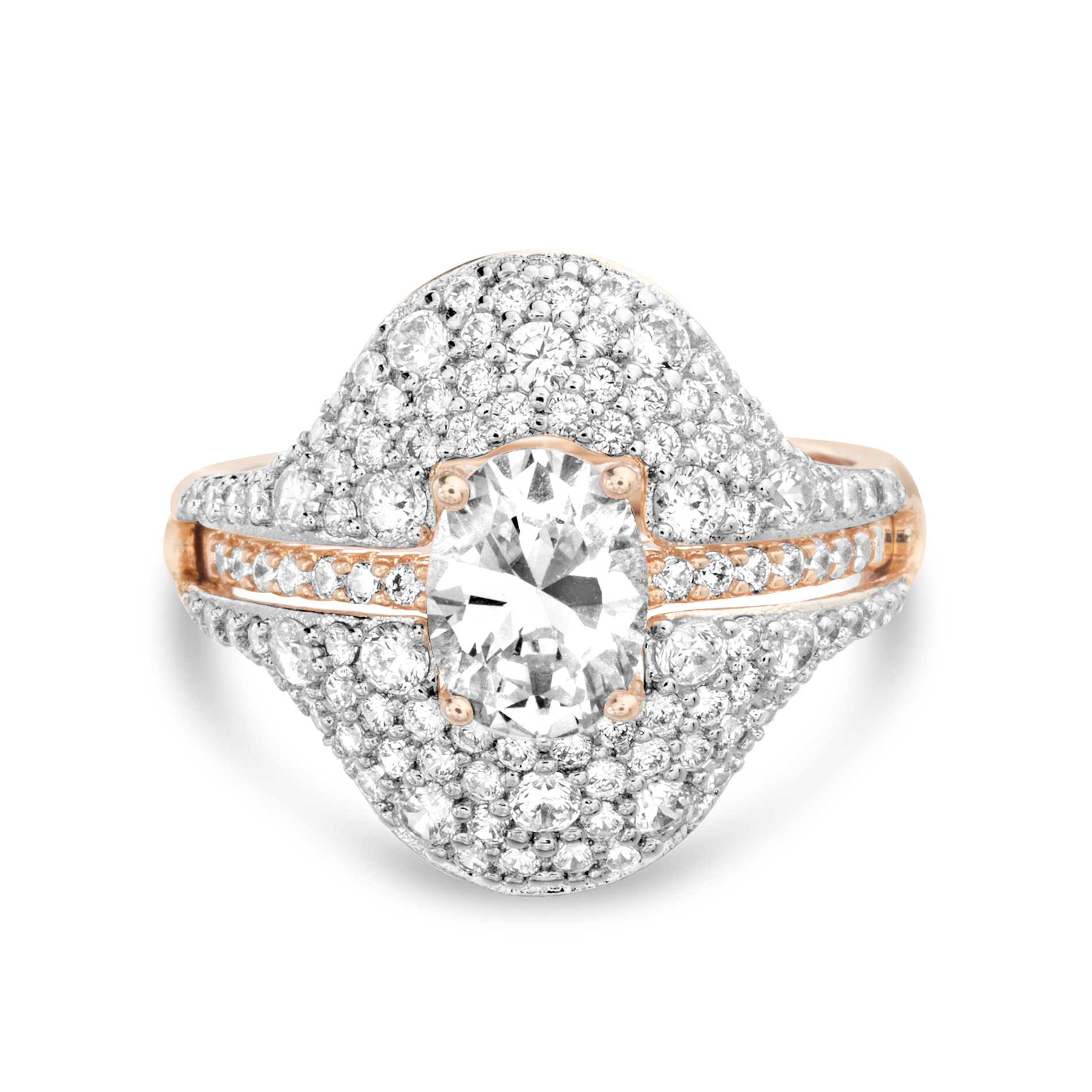 Anillo doble, ovalado, con un solitario en el medio, rosado y blanco. ( se separa )