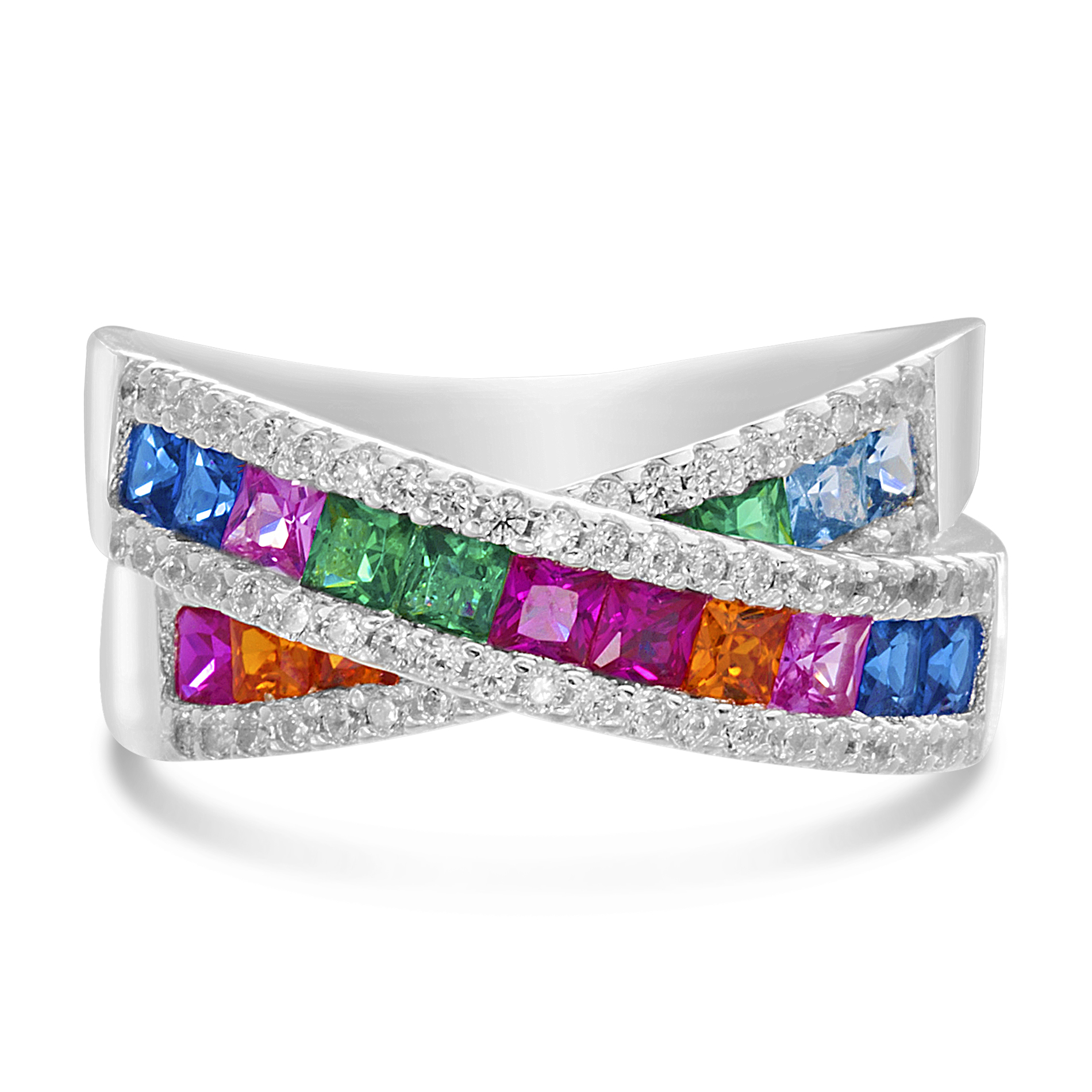 Anillo cruzado, piedras baguettes multicolor