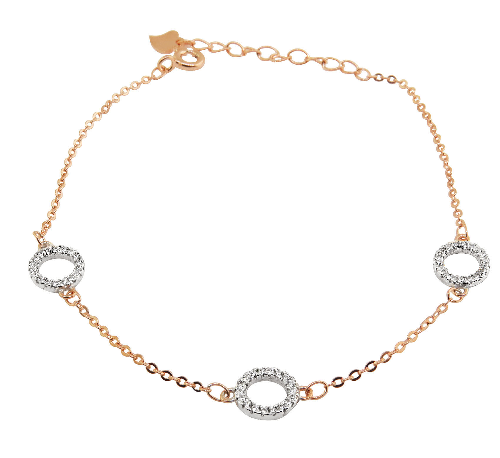 Pulsera rosada 3 círculos, piedras blancas