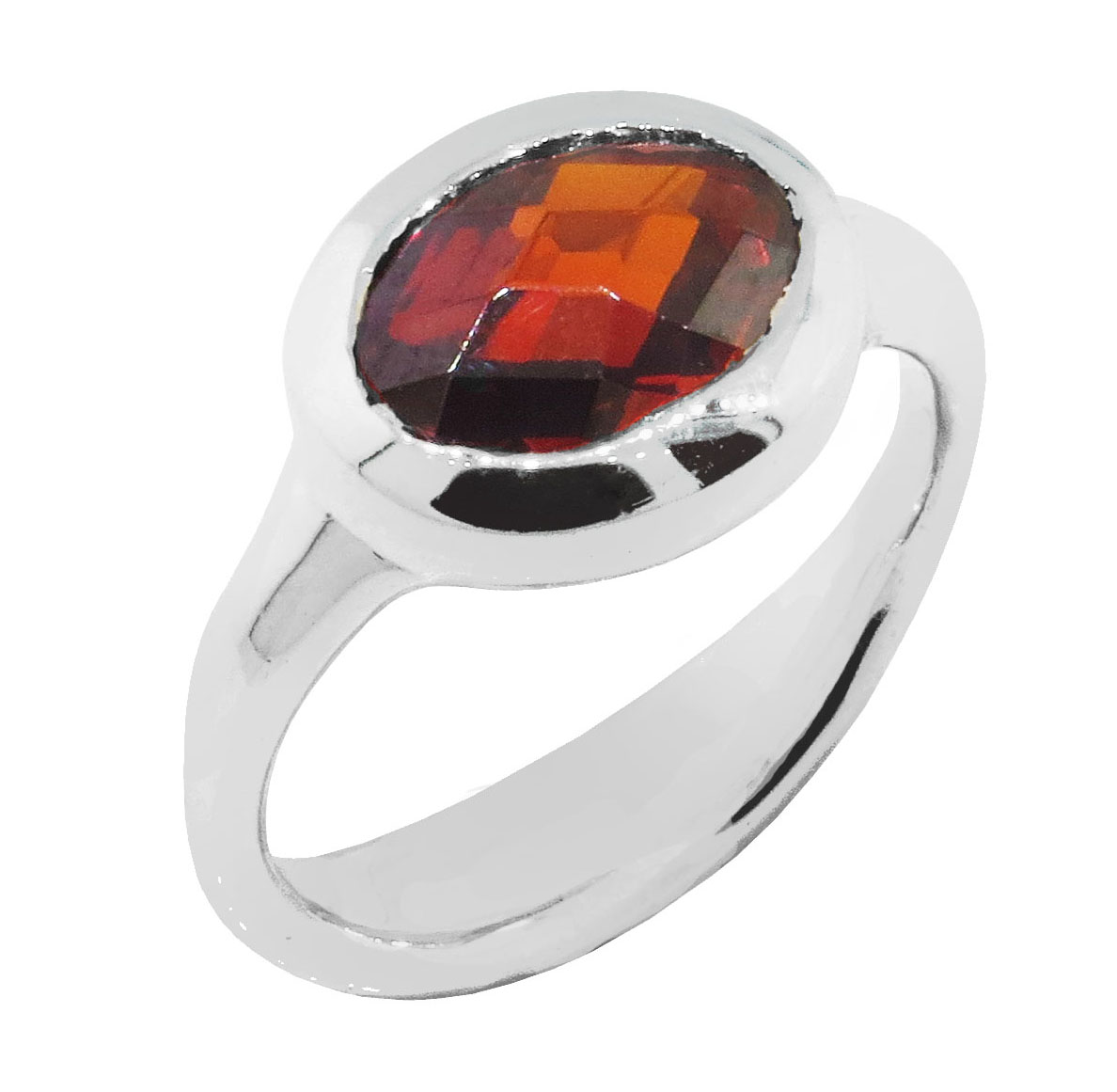 Anillo oval cuerpo moldeado, piedra roja, platabella