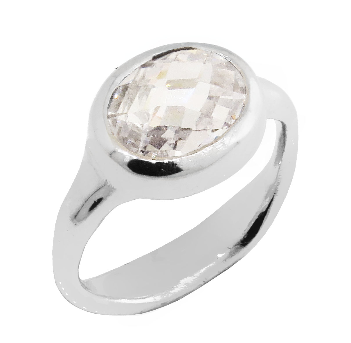 Anillo oval cuerpo moldeado, piedra blanca, platabella