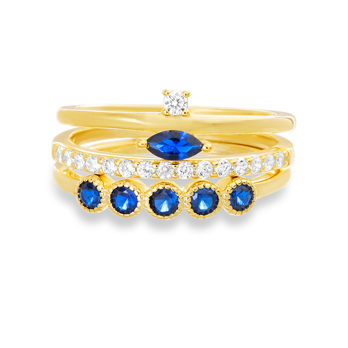 Anillo triple, solitario con medio sin fin, piedras blancas y azules 