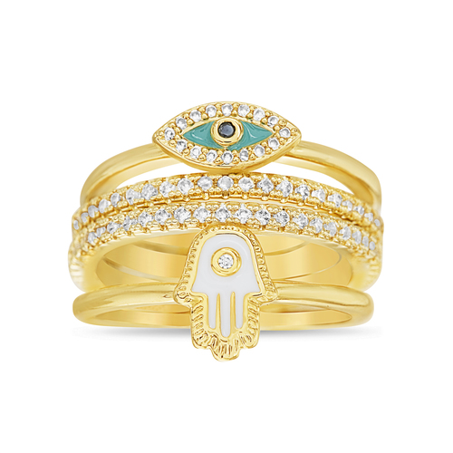 Anillo cuadruple amarillo, medio sin fin, manito y ojito esmaltados