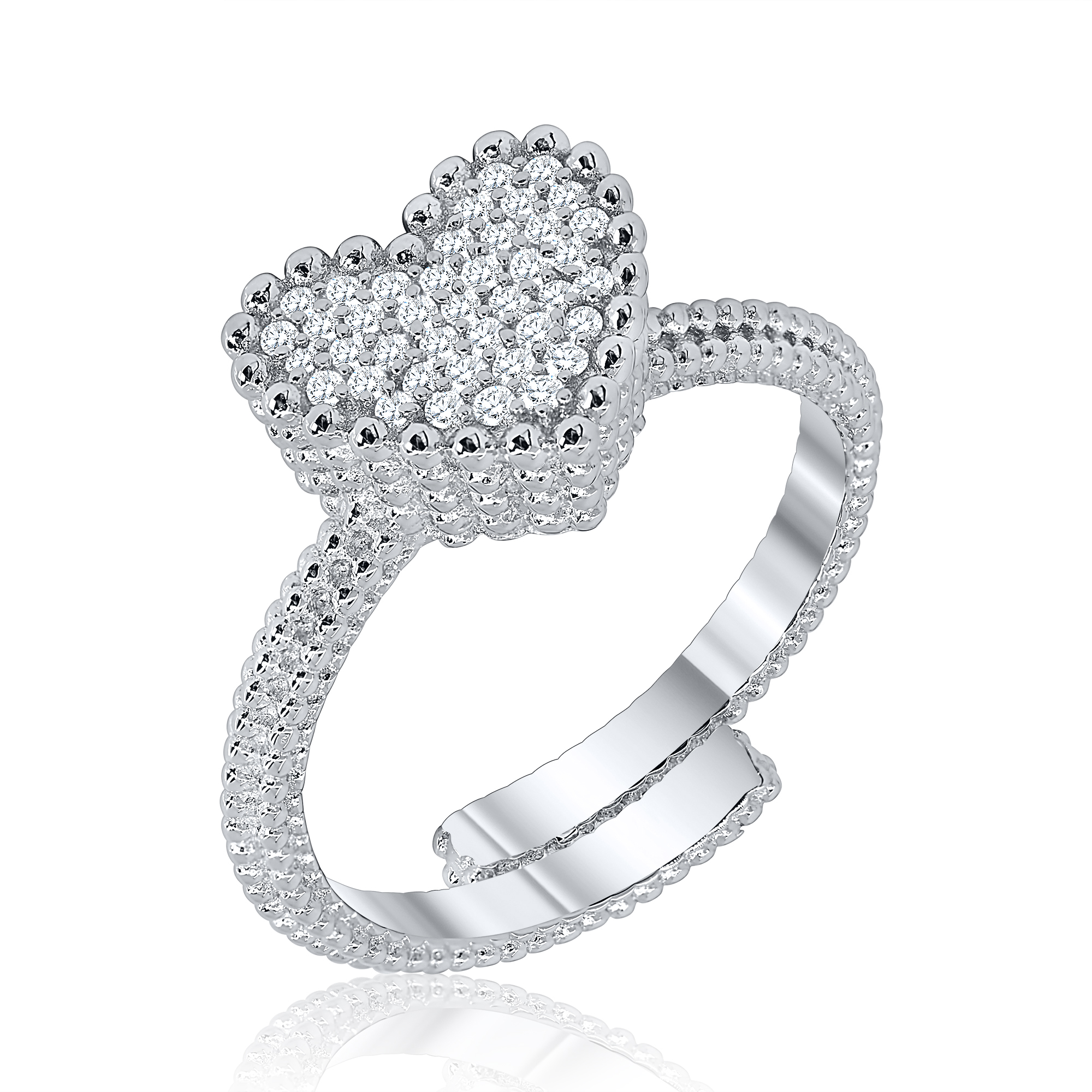 Anillo corazon linea premium, bolitas, pavee, abierto