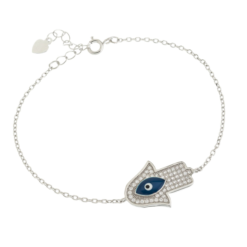 Pulsera manito pavee, con ojito esmalte azul 
