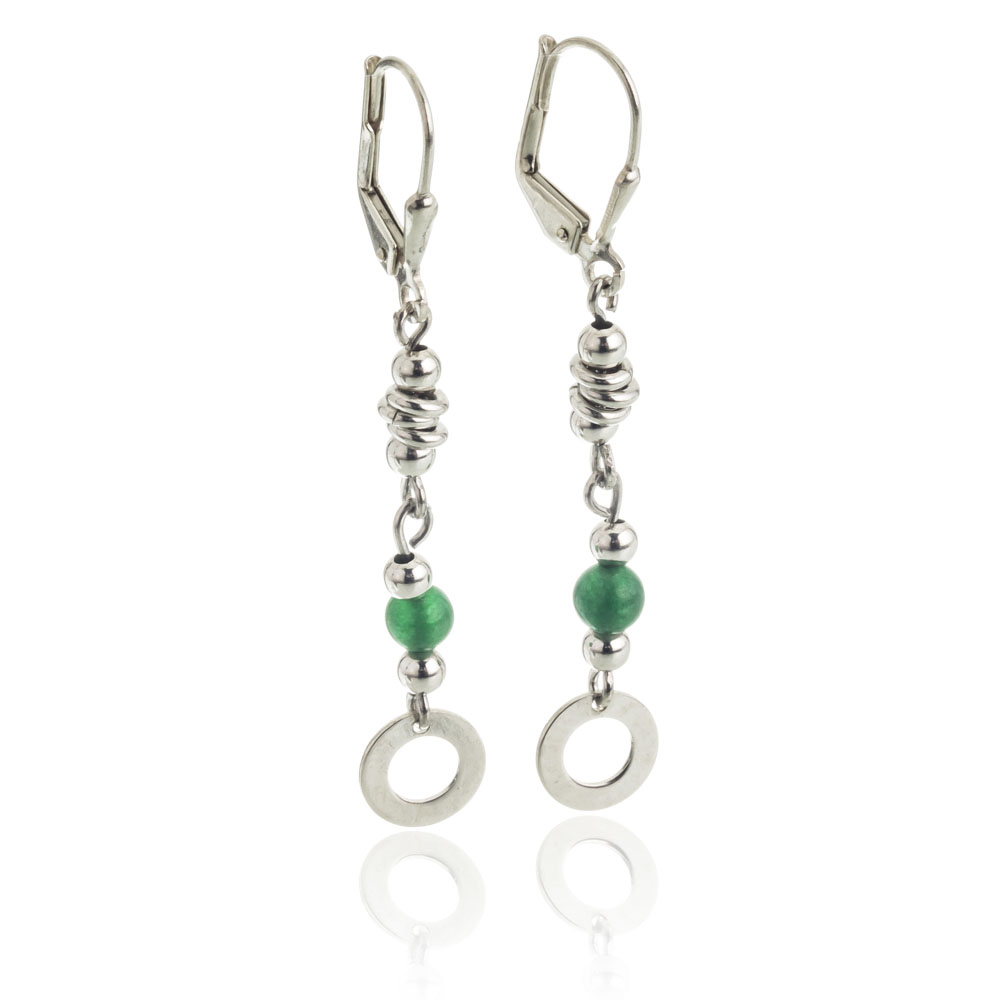 Par aros arandela, piedra verde, bolitas, cierre brisura, colgantes