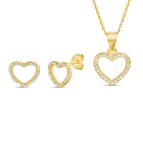 Conjunto y par aros corazon contorno, amarillo