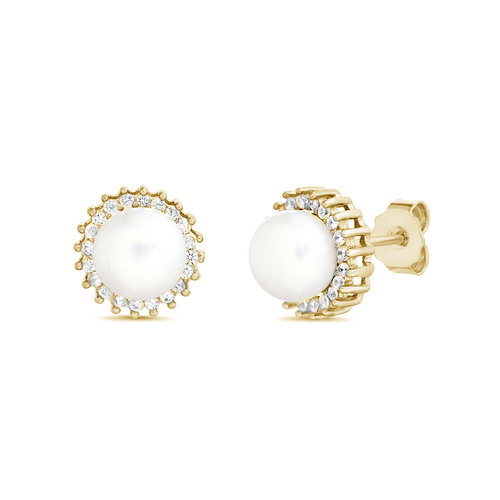Par aros perla con virola de piedras alrededor, amarillo
