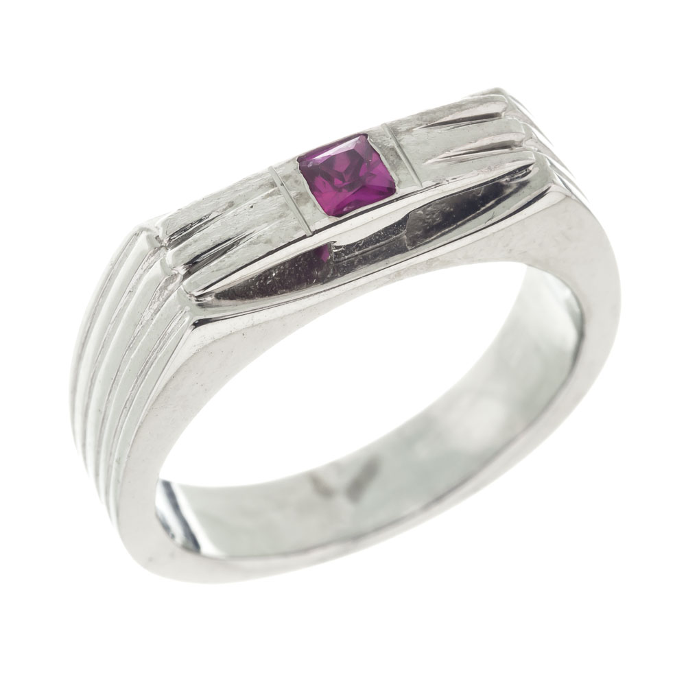 Anillo sello rectangular carre piedra fucsia
