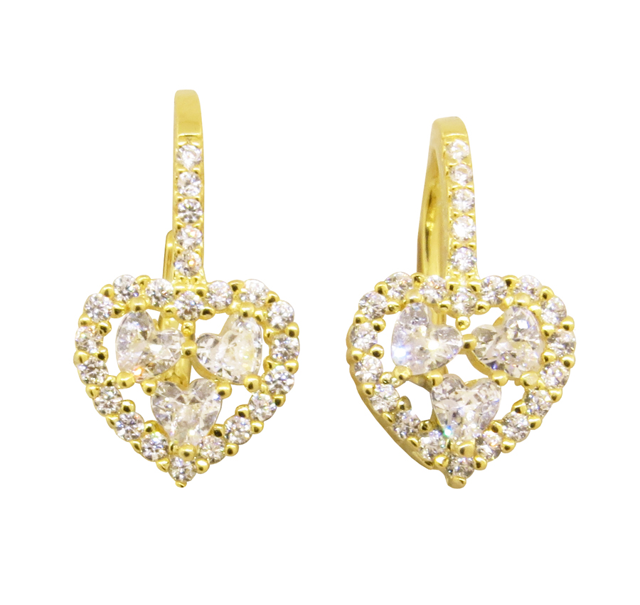 Par aros corazon, con piedras, amarillo, cierre brisura