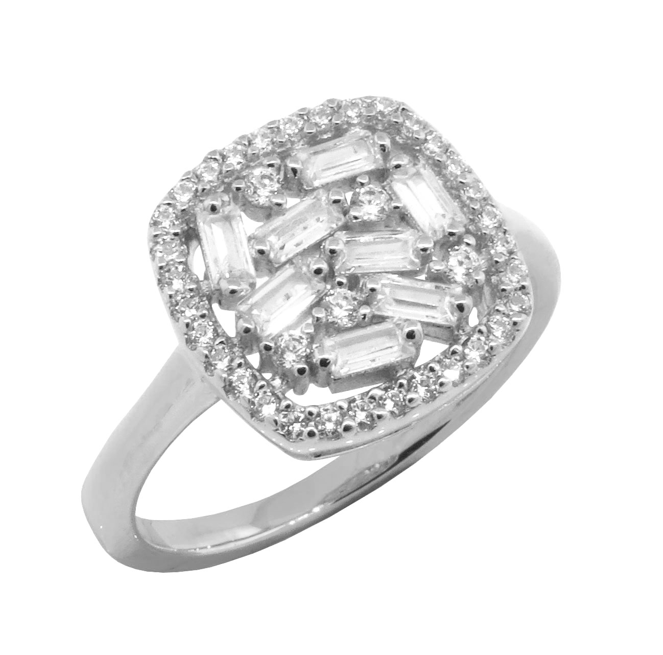 Anillo linea premium, cuadrado con piedras baguettes, blanco