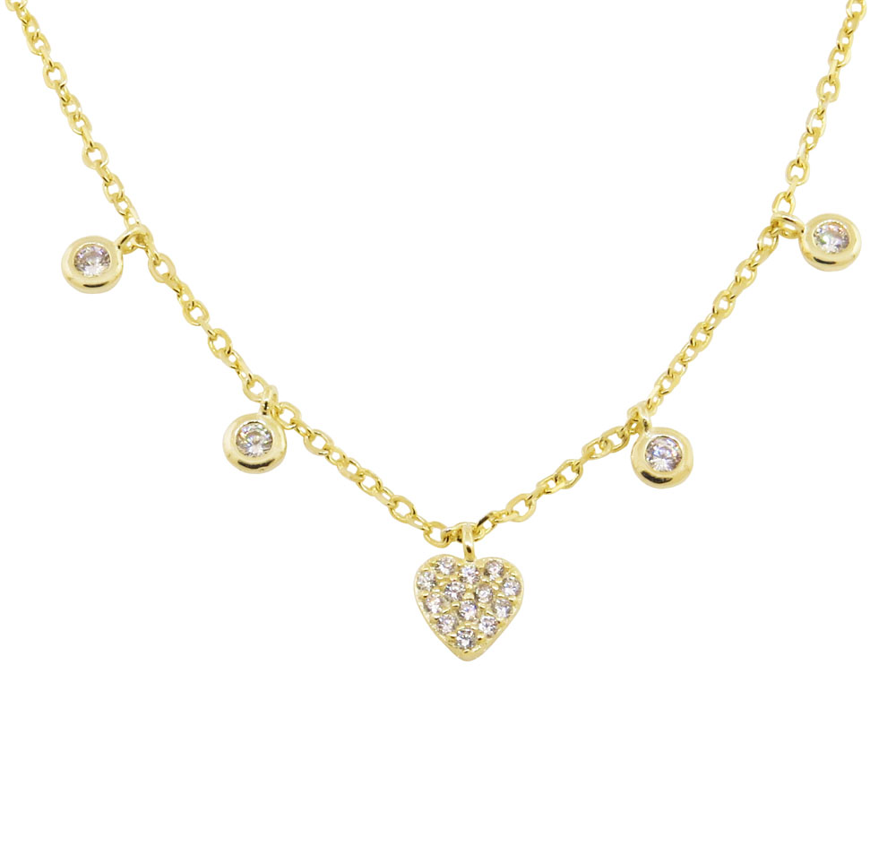 Conjunto corazon pavee y piedras colgantes, amarillo 