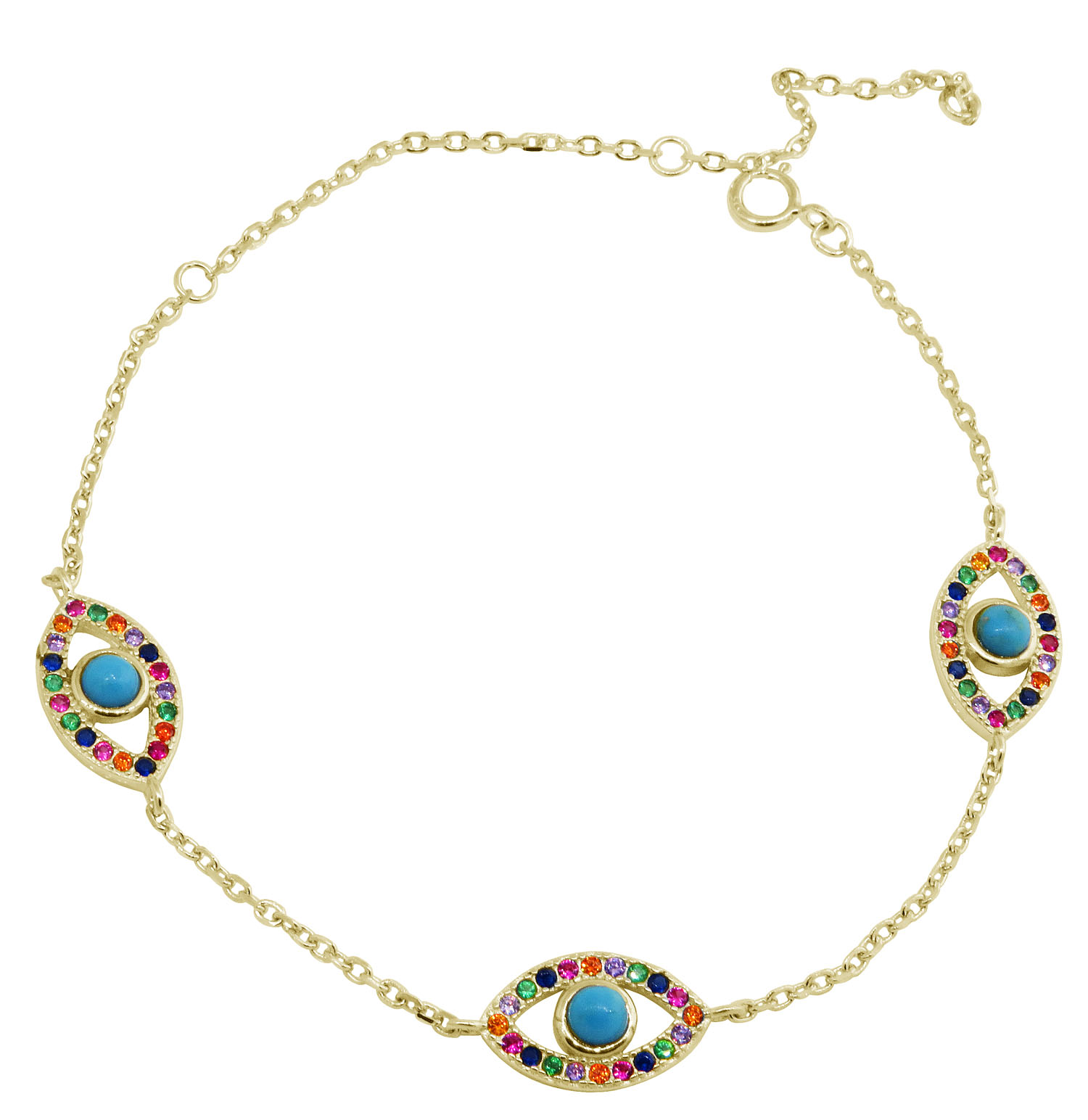 Pulsera amarilla tres ojitos con piedras multicolor