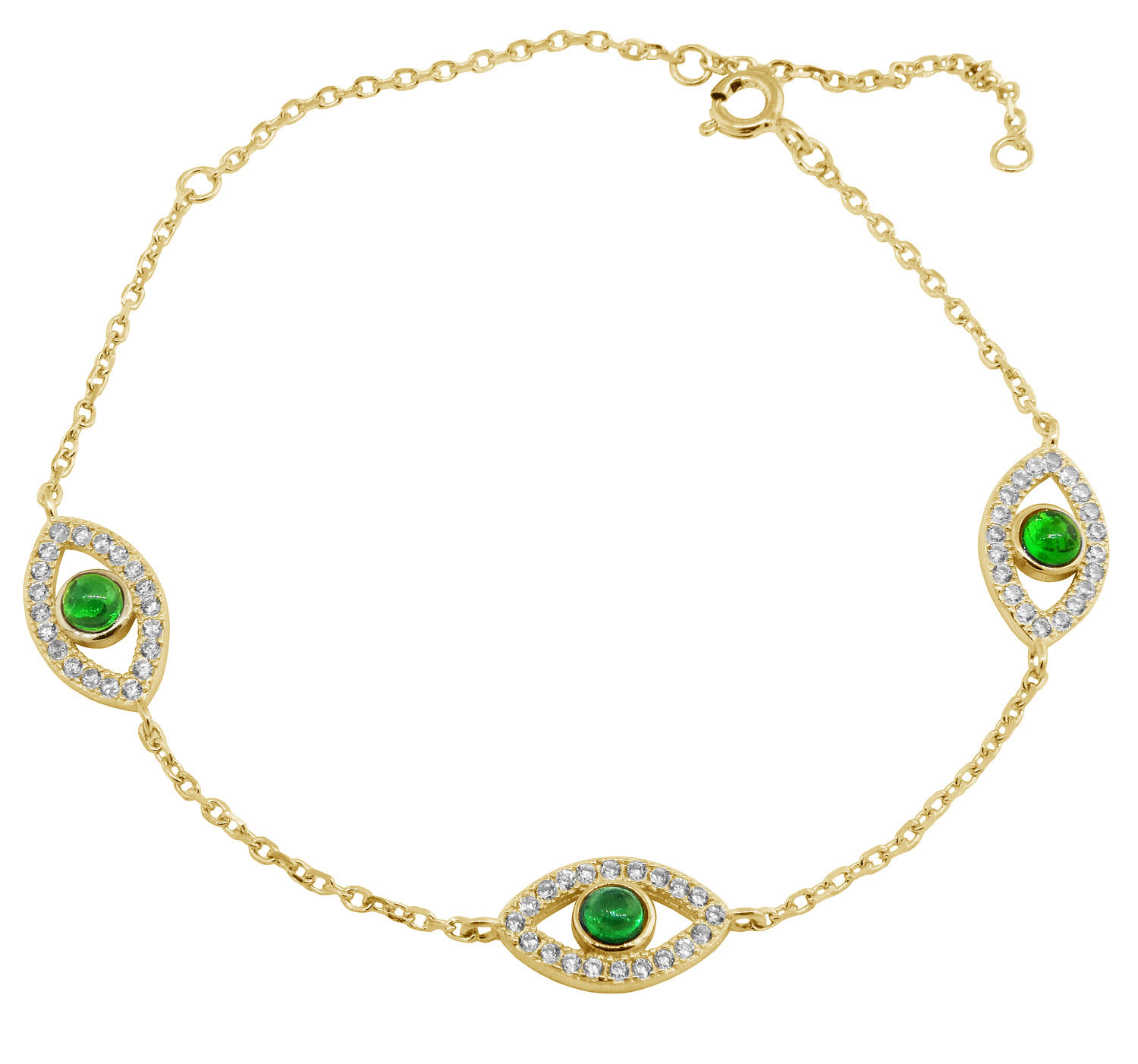 Pulsera amarilla 3 ojitos con piedra verde