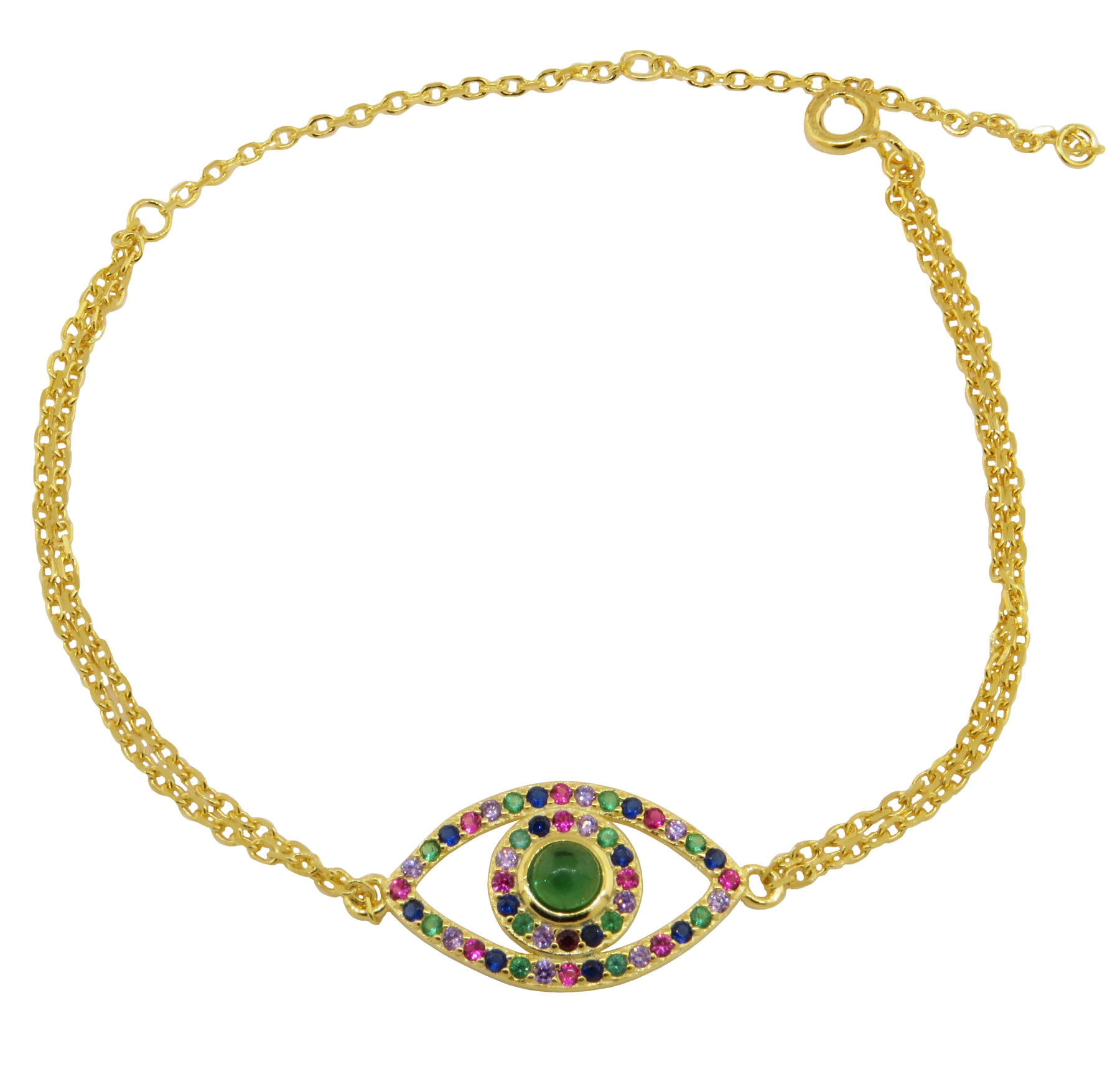 Pulsera amarilla doble cadenita, con ojito multicolor