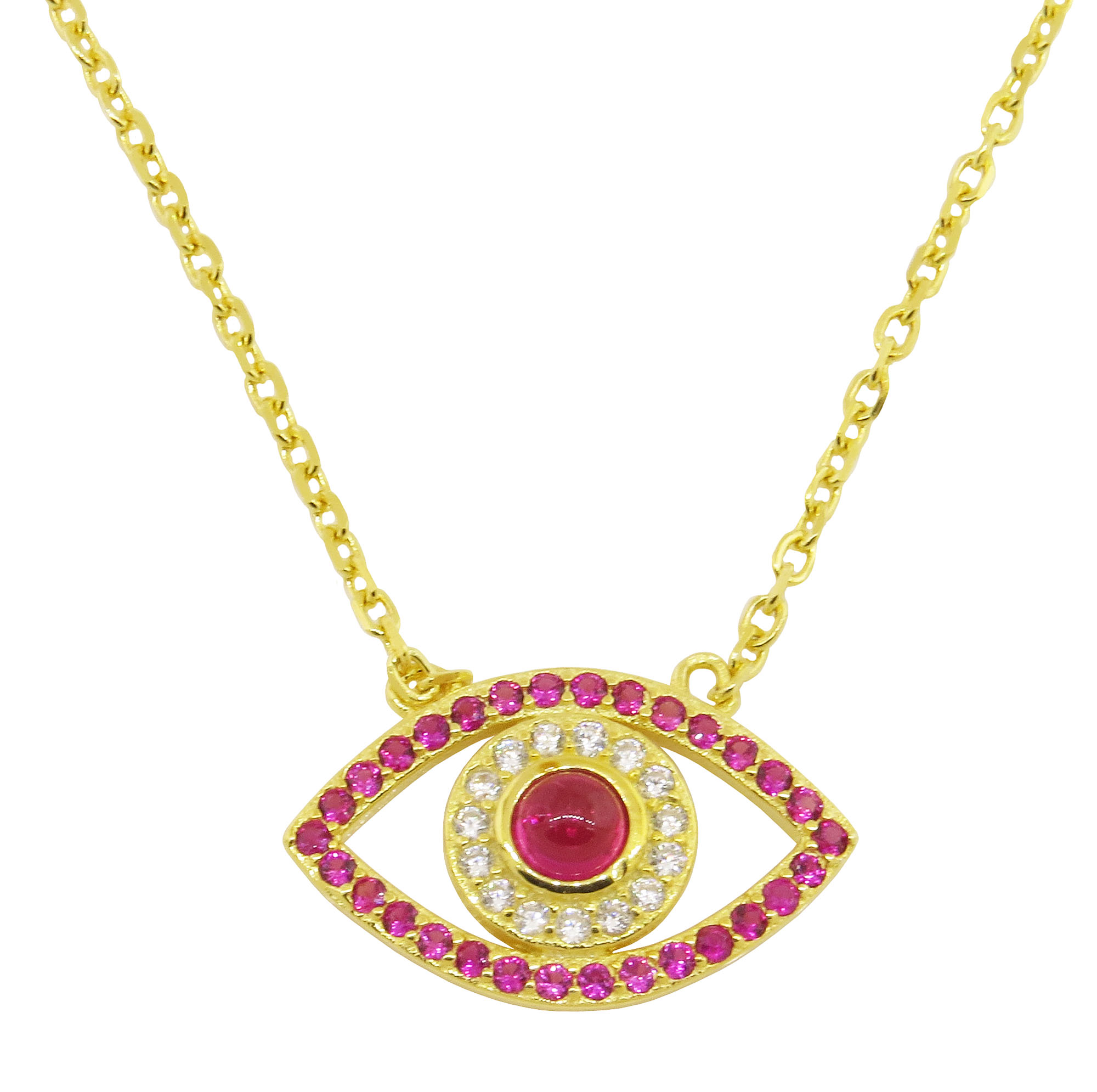 Conjunto ojito amarillo con piedras fucsia