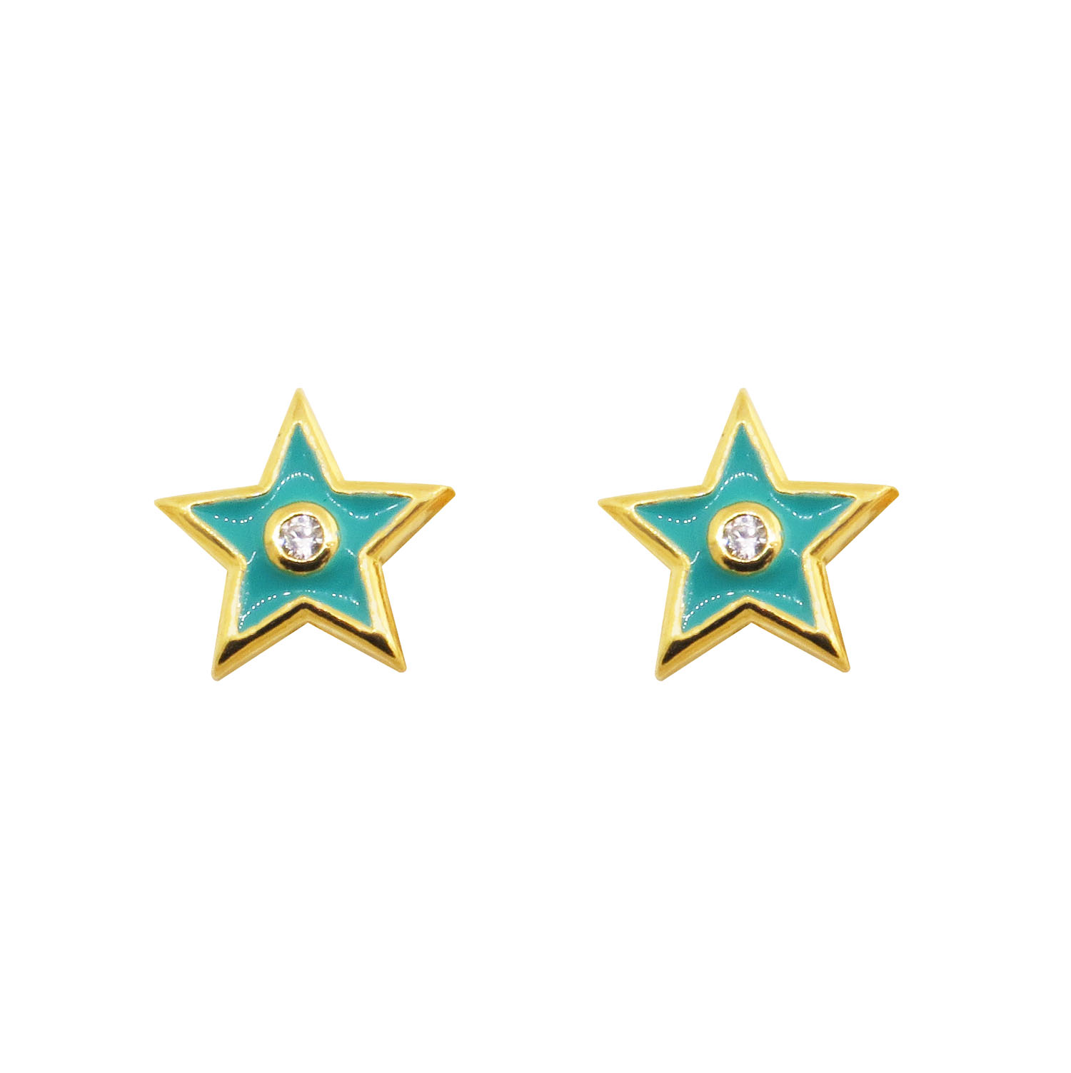 Par aros estrella, amarillos, esmalte color turquesa 